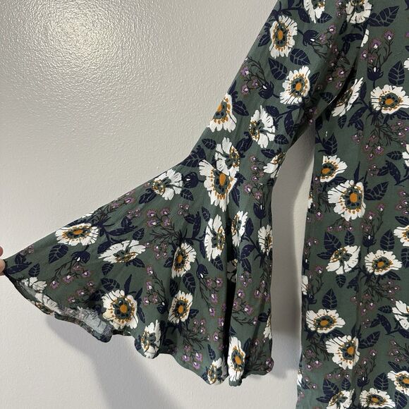 Free People Magic Mystery Size XS Boho Green Floral Mini Tunic Dress Bell Sleeve - Picture 7 of 16